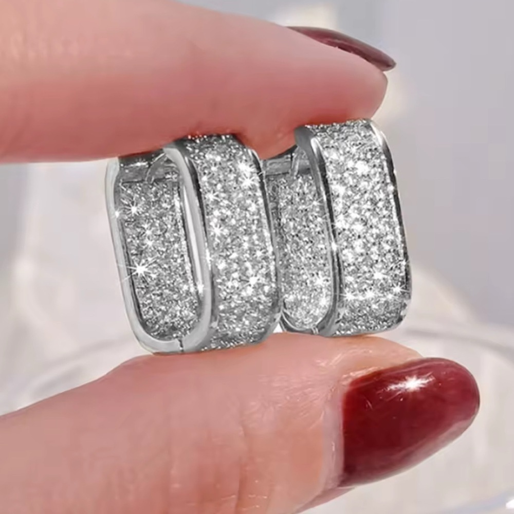 18K White Gold (Rhodium) Rectangle Huggie Hoop Earrings Pavé Diamond Inlay